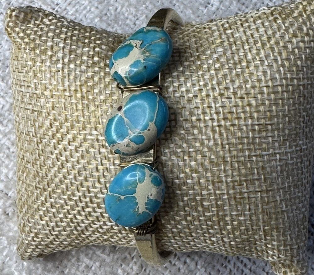 Upcycled Vintage 70’s Brass Cuff Bracelet & Turquoise Stones NEW